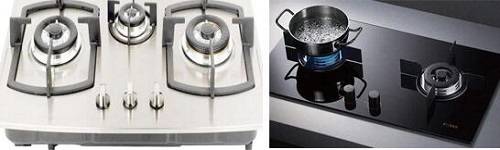 臺置式燃?xì)庠钆c嵌入式燃?xì)庠? /><br />
臺置式燃?xì)庠詈颓度胧饺細(xì)庠?
	</li>
	<li>
		<h4>
			抽油煙機(jī)
		</h4>
抽油煙機(jī)是指住宅廚房用來排出污染的機(jī)械設(shè)備，從風(fēng)格樣式來分有歐式煙機(jī)和中式煙機(jī)。按抽油煙機(jī)安裝方式有頂吸式、側(cè)吸式、下吸式。下吸式抽油煙機(jī)品種較少，現(xiàn)在有一種與灶具結(jié)合（集成灶）的下排風(fēng)煙機(jī)，抽油煙機(jī)主機(jī)直接安裝在灶具上面，炒菜時(shí)熱氣、燃燒廢氣和油煙可以一齊排走，這種煙機(jī)取消了傳統(tǒng)的抽油煙機(jī)機(jī)箱，灶臺上放寬敞。下圖分別為：中式煙機(jī)與歐式煙機(jī)。<br />
<img src=